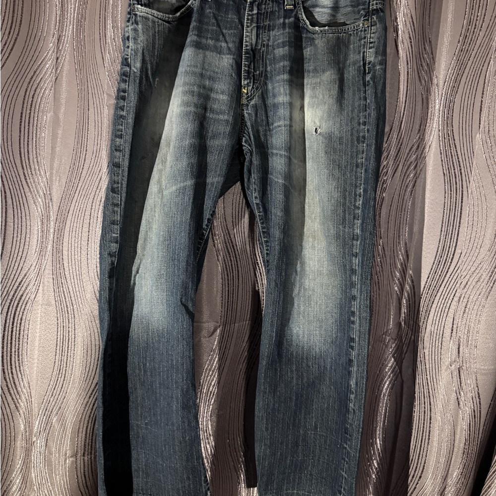X2 Blue Straight Jeans with Faded Look and Whiskering